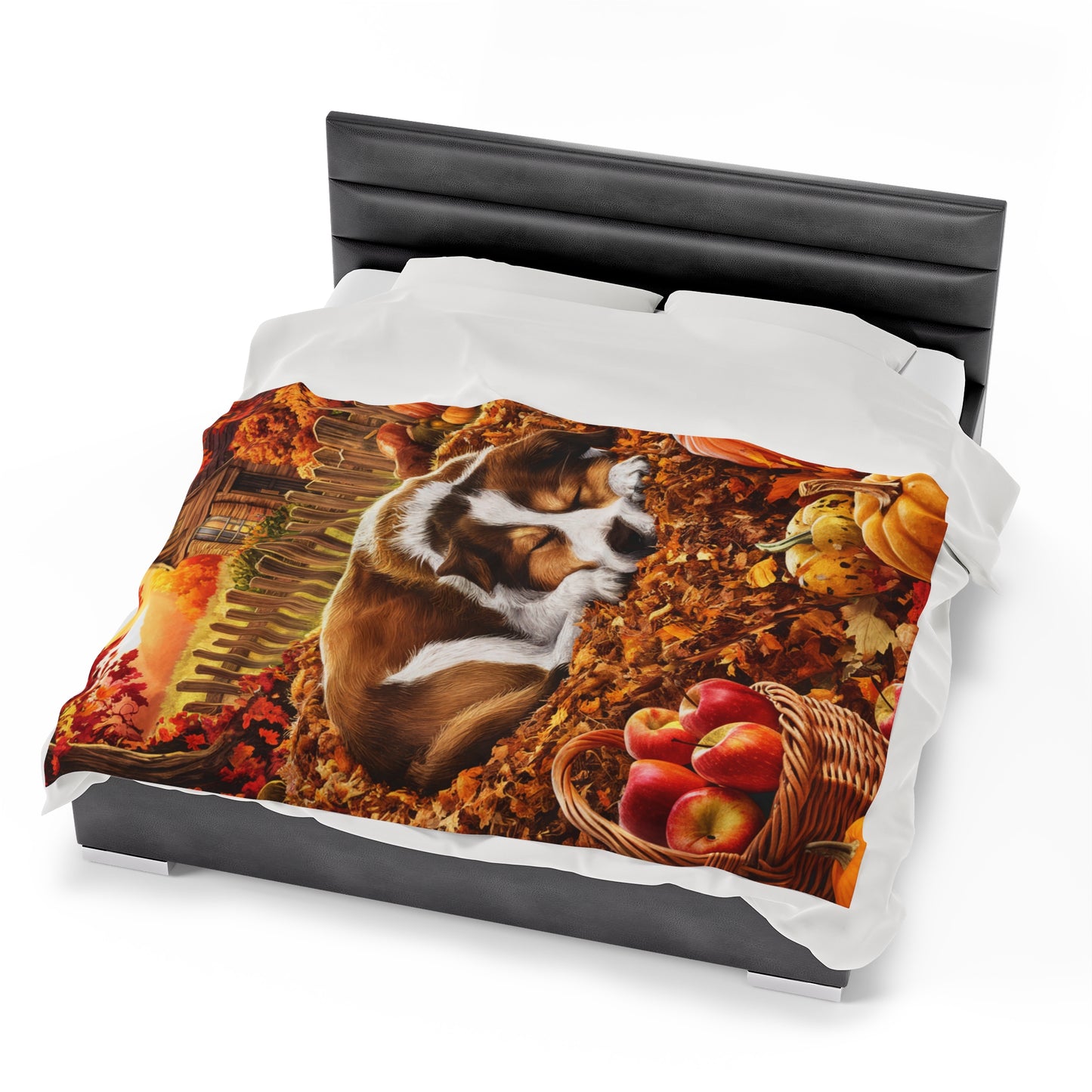 Autumn Puppy in Leaves Velveteen Plush Blanket
