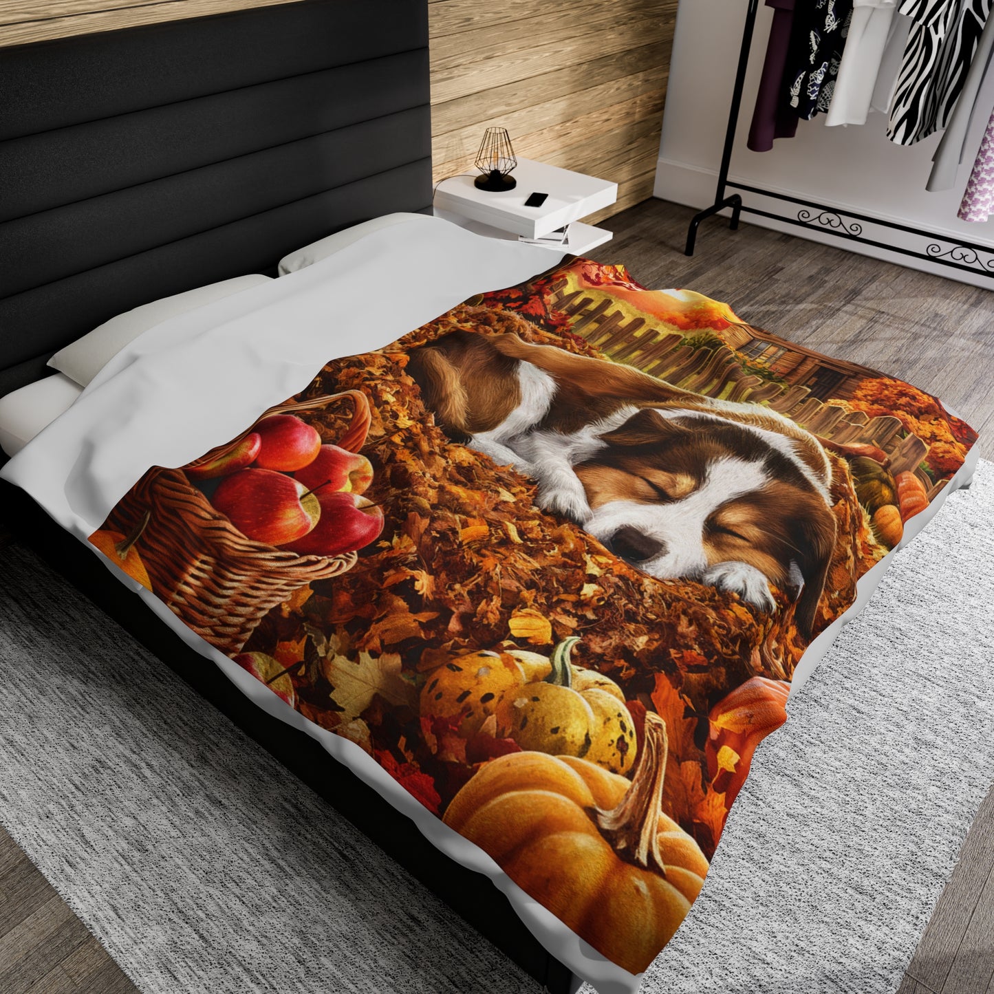 Autumn Puppy in Leaves Velveteen Plush Blanket