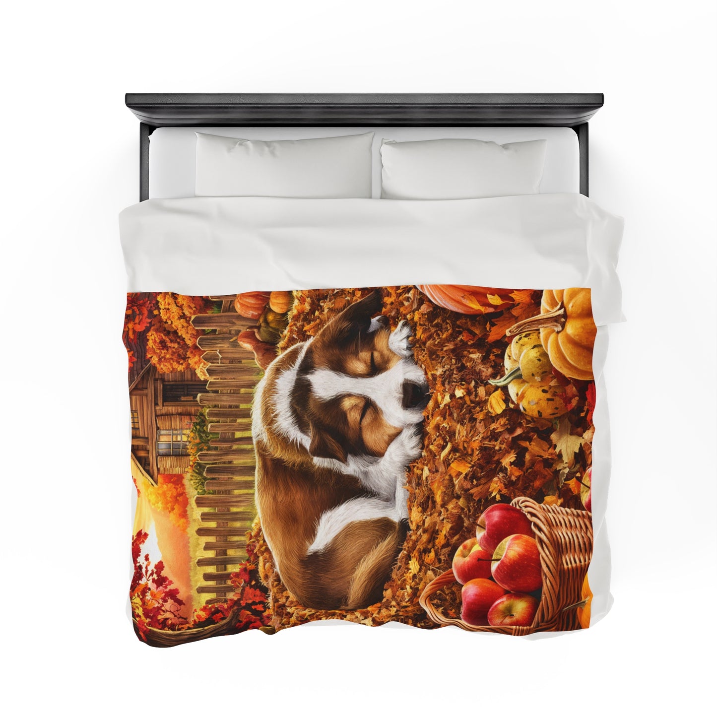 Autumn Puppy in Leaves Velveteen Plush Blanket