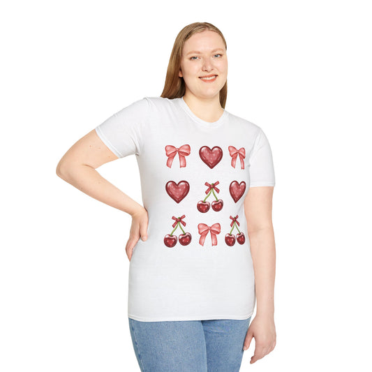 Coquette Hearts Bows and Cherries Unisex Softstyle T-Shirt