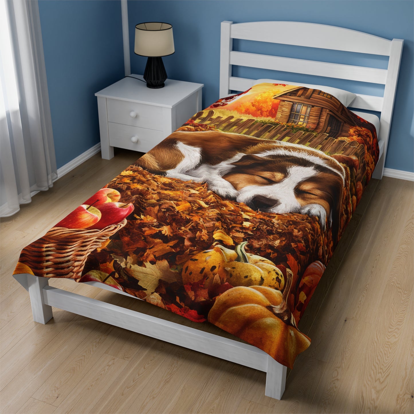 Autumn Puppy in Leaves Velveteen Plush Blanket