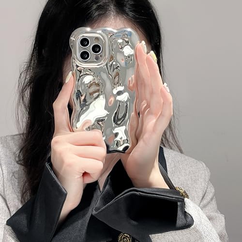 UEEBAI Case for iPhone 15 Pro Max 6.7 inch, Cute Solid Color Curly Wave Shape Shockproof Soft Bumper Phone Case, Candy Water Ripple 3D Silicon Slim Pretty Case Aesthetic Cover, Silver