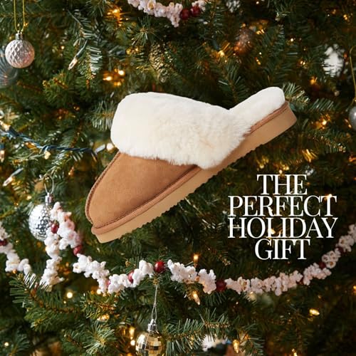 Dearfoams Women's Fireside Sydney Indoor/Outdoor Water Resistant Genuine Shearling Scuff Slipper, Wide Widths