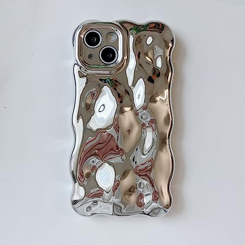 UEEBAI Case for iPhone 15 Pro Max 6.7 inch, Cute Solid Color Curly Wave Shape Shockproof Soft Bumper Phone Case, Candy Water Ripple 3D Silicon Slim Pretty Case Aesthetic Cover, Silver