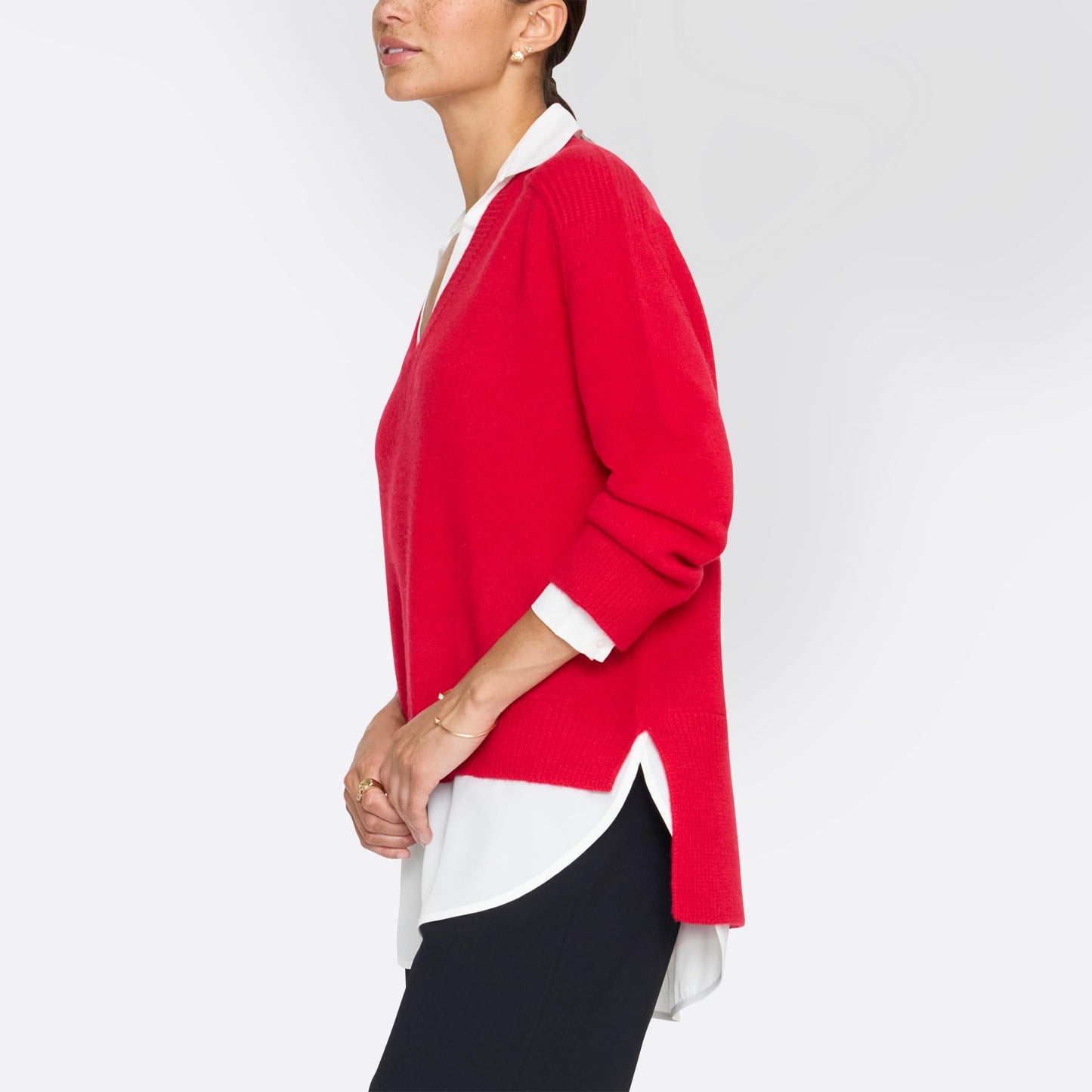 Brochu Walker The Looker Layered V-Neck Sweater - Long Sleeve Warm Sweaters for Women, Oversized Wool & Cashmere Blend Pullover with Georgette Detail in Aura Red w/White Underlayer S