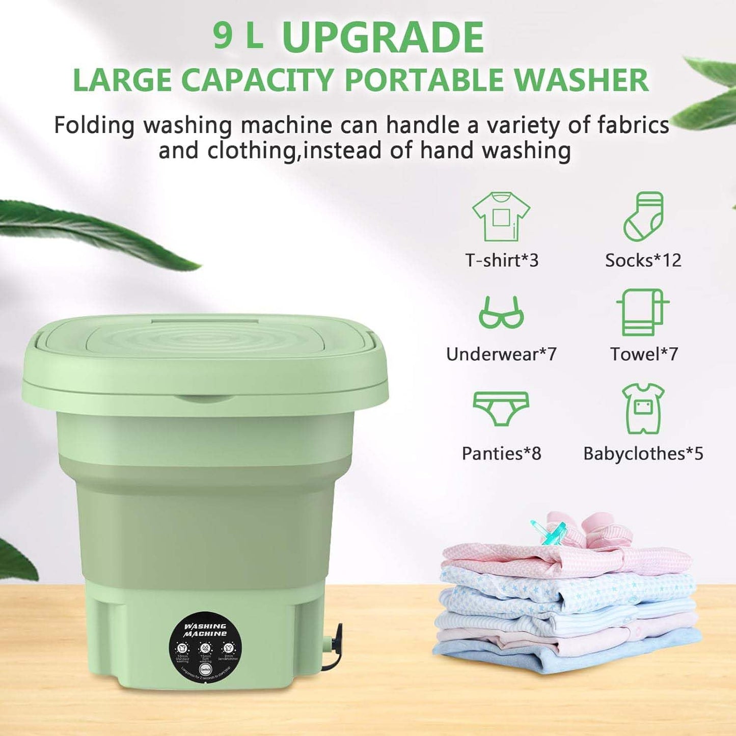 MacLehose Mini Portable Washing Machine, Mini Washer and Dryer Combo, 9L,Foldable,Mini Washer for Baby Clothes, Underwear or Socks,Small Clothes, Camping&Travel Laundry,Portable Washer Machine(green)