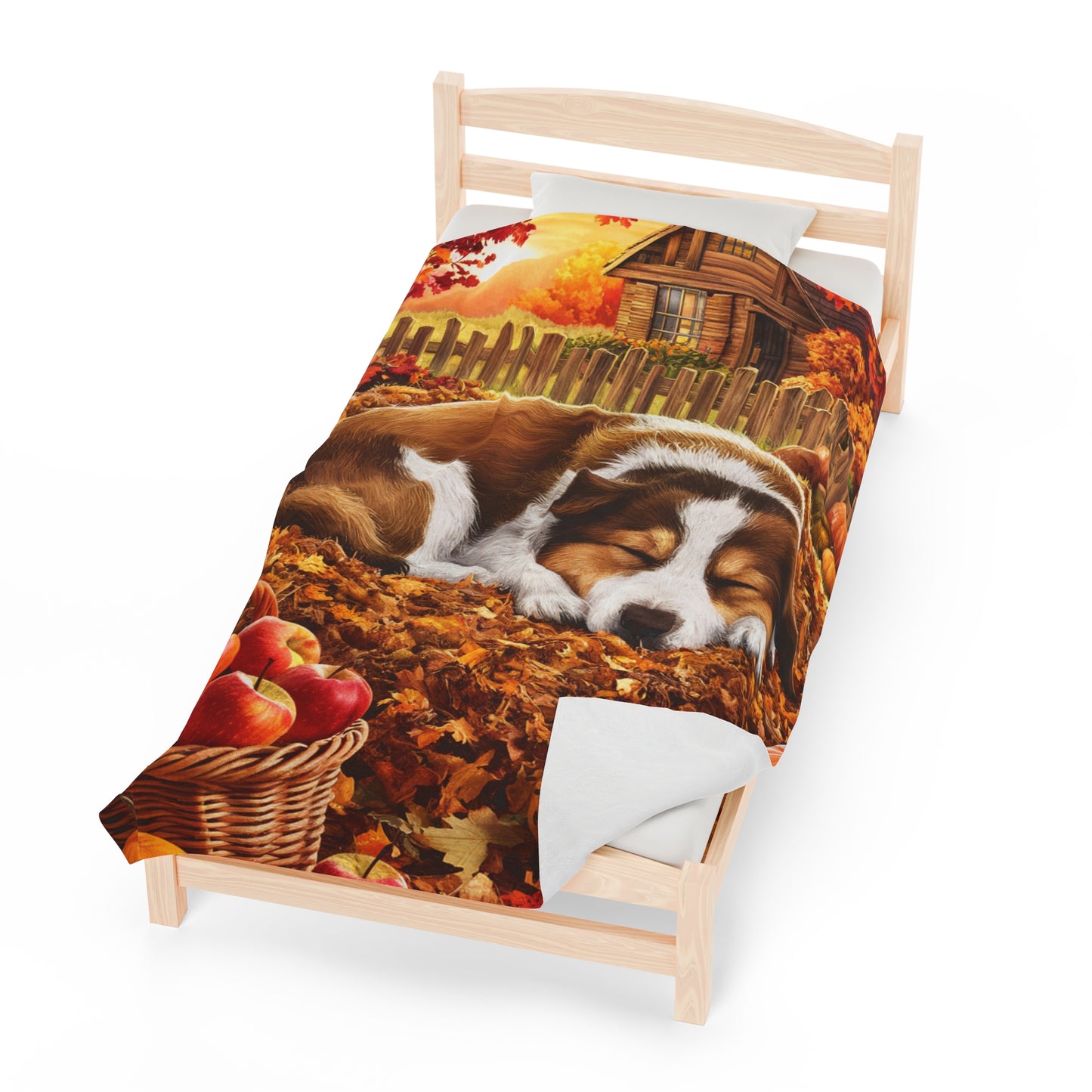 Autumn Puppy in Leaves Velveteen Plush Blanket