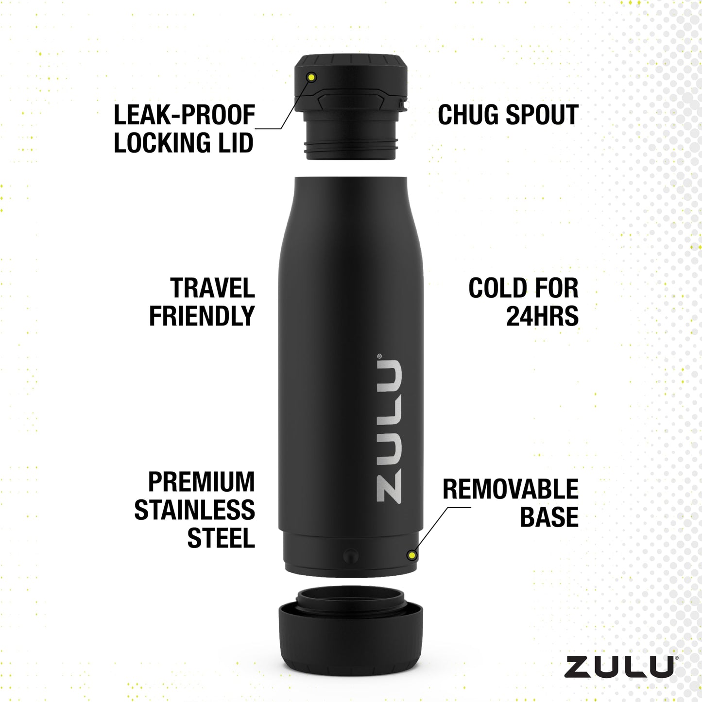 Zulu Ace 18oz Vacuum Insulated Stainless Steel Water Bottle with Chug Spout, Leak-Proof Locking Lid and Removable Base for School, Backpack, Sports, Gym, Travel, Army