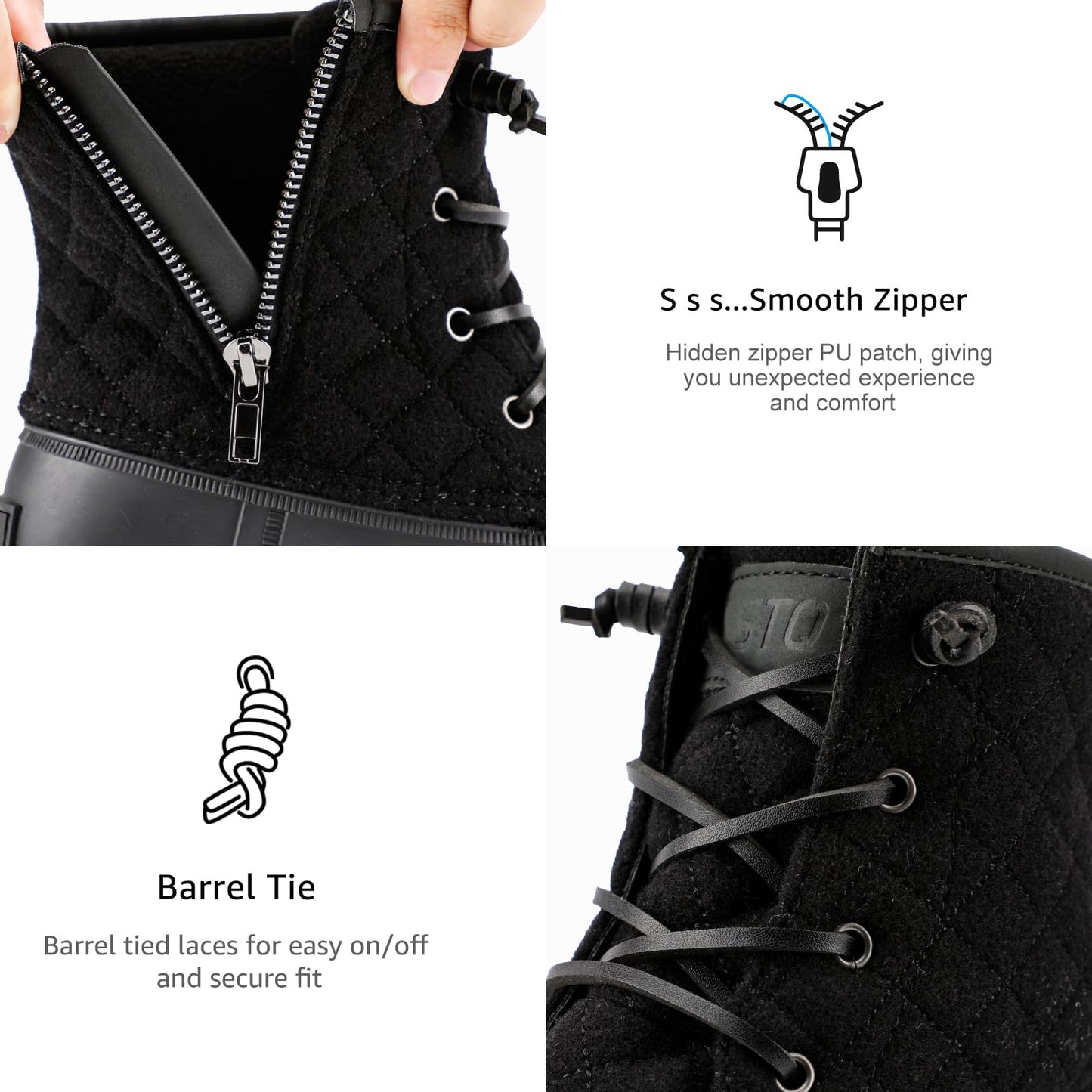 STQ Snow Boots for Women Insulated Short Winter Boots Quilted Duck Booties with Side Zipper ALL BLACK 9 US
