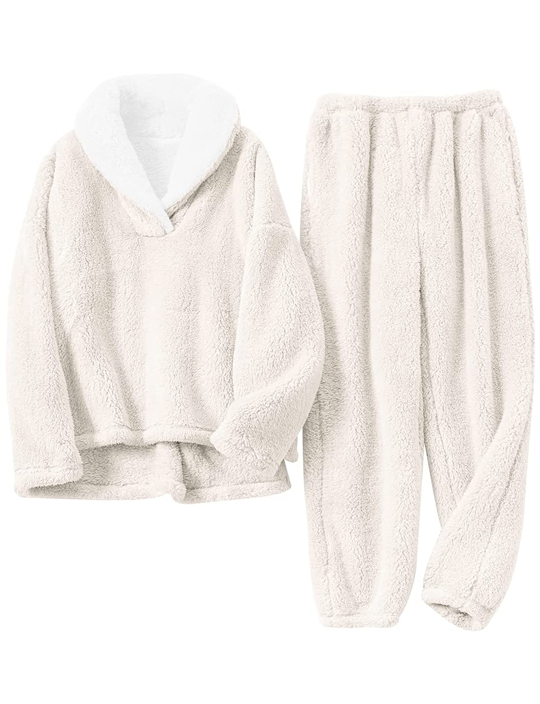Fenclushy Women's Fluffy Loungewear Sleepwear Lounge Casual Pajamas Sets Loose Long Sleeve Fleece Pullover and Pants Set(01Beige,XS)