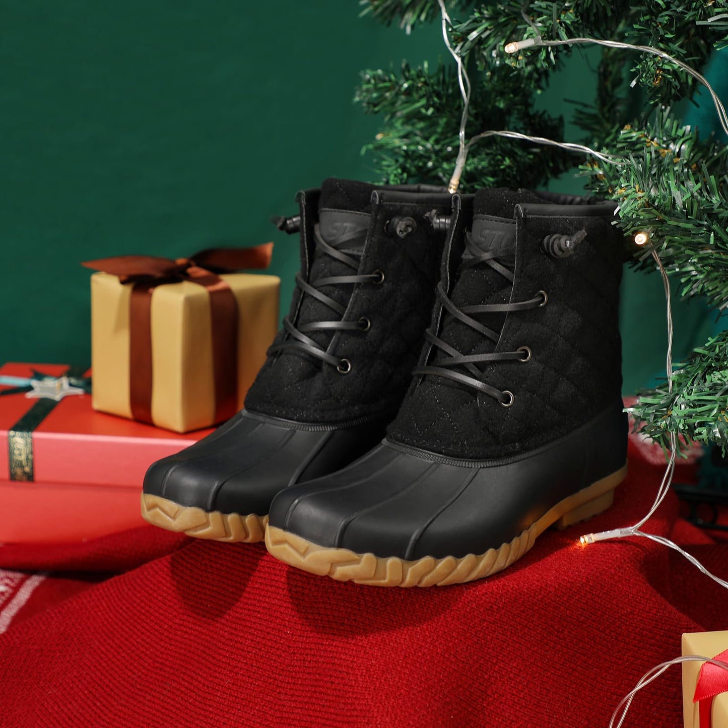 STQ Snow Boots for Women Insulated Short Winter Boots Quilted Duck Booties with Side Zipper ALL BLACK 9 US