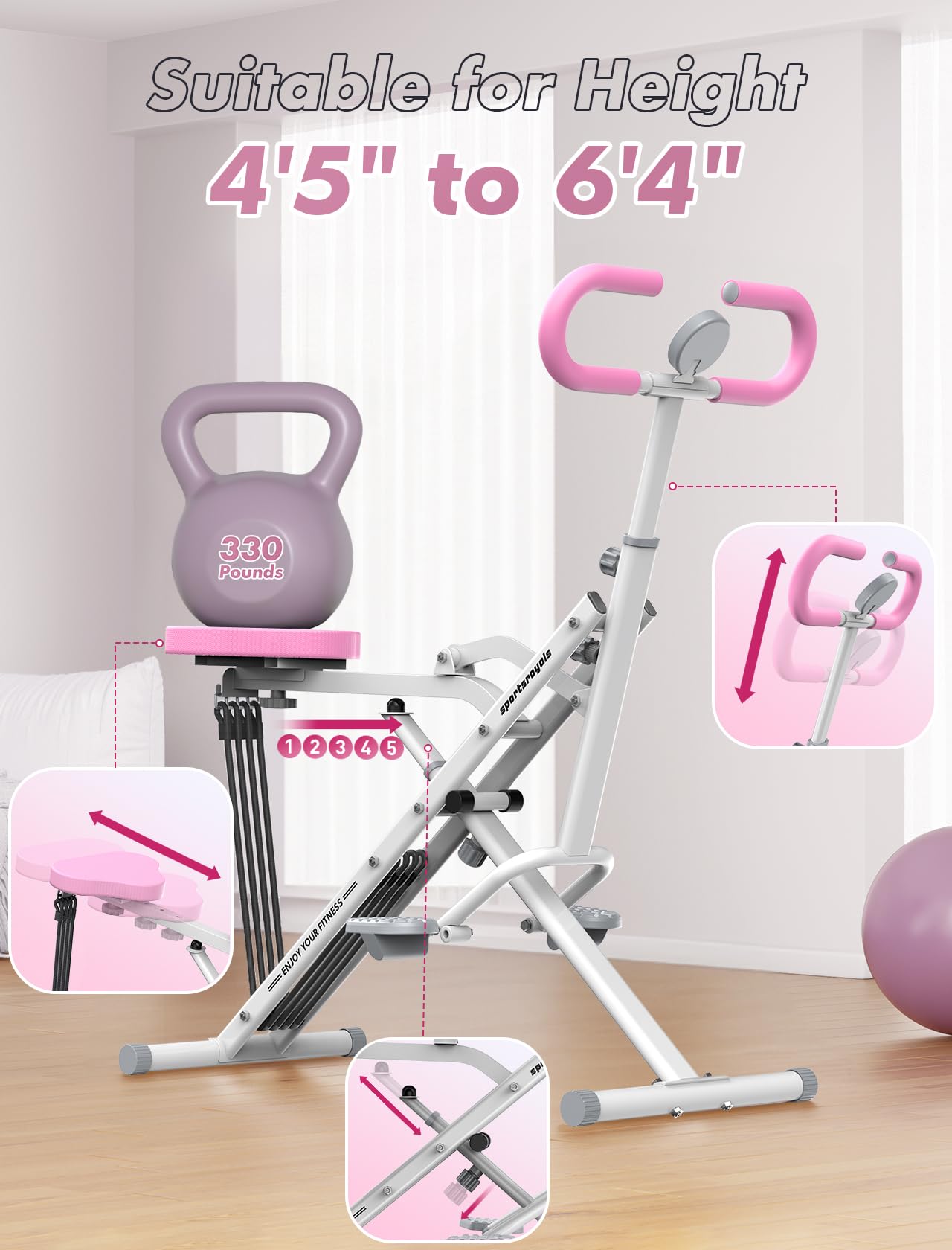 Sportsroyals Squat Machine for Home,Rodeo Core Exercise Machine,330lbs Foldable,Adjustable 4 Resistance Bands,Ride & Rowing Machine for Botty Glutes Butt Thighs,Ab Back/Leg Press Hip Thrust…