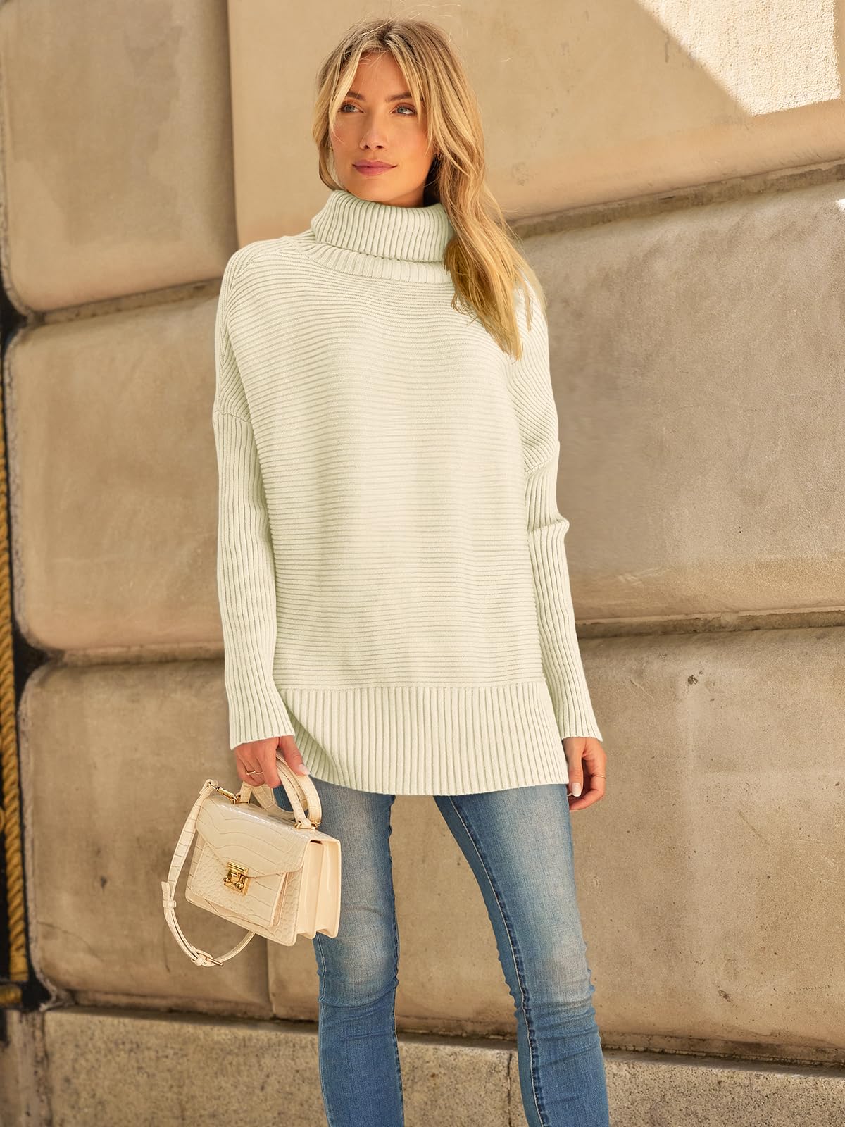 LILLUSORY Womens Turtleneck Oversized Tunic Fall Sweaters 2024 Trendy Casual Long Pullover Knit Winter Casual Cute Poncho Fashion Trendy Clothes Outfits Clothing Tops Apricot