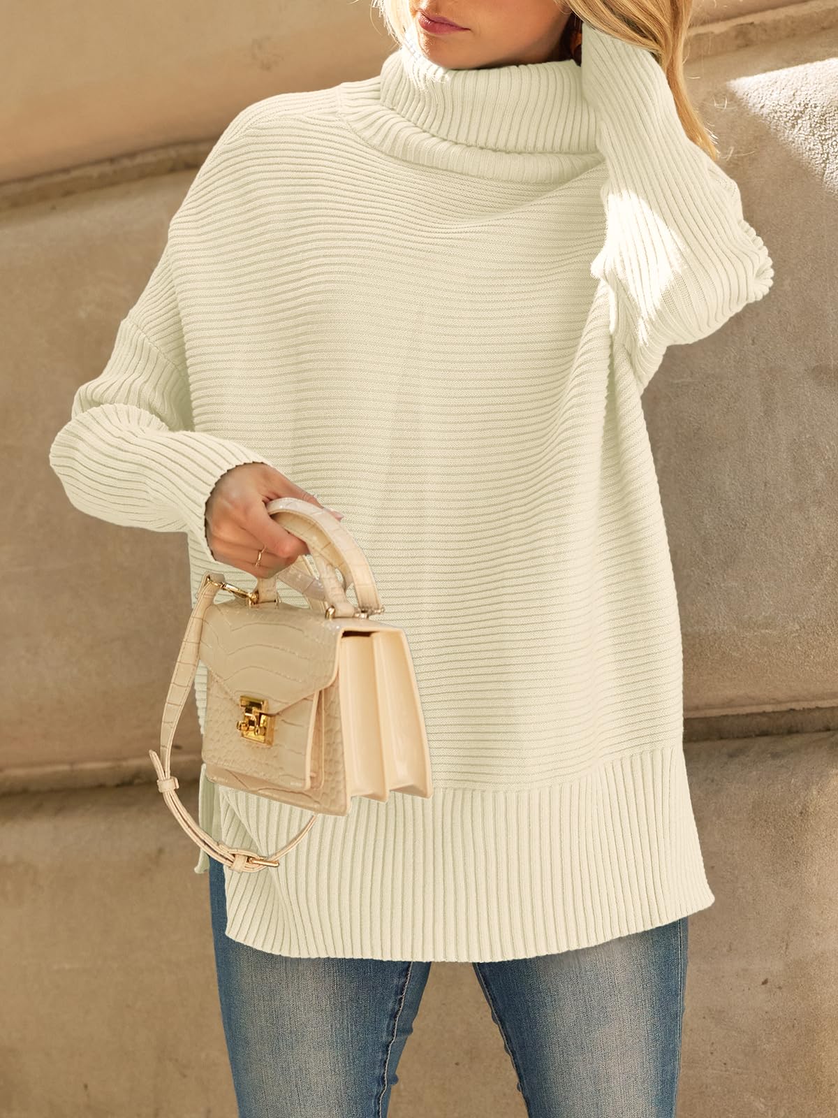 LILLUSORY Womens Turtleneck Oversized Tunic Fall Sweaters 2024 Trendy Casual Long Pullover Knit Winter Casual Cute Poncho Fashion Trendy Clothes Outfits Clothing Tops Apricot