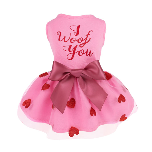 Fitwarm I Woof You Valentines Dog Dress 100% Cotton Girl Dog Clothes Pet Apparel Doggie Tutu with Bowknot Cat Clothing Puppy Dresses Doggy Costume Attire Pink Small