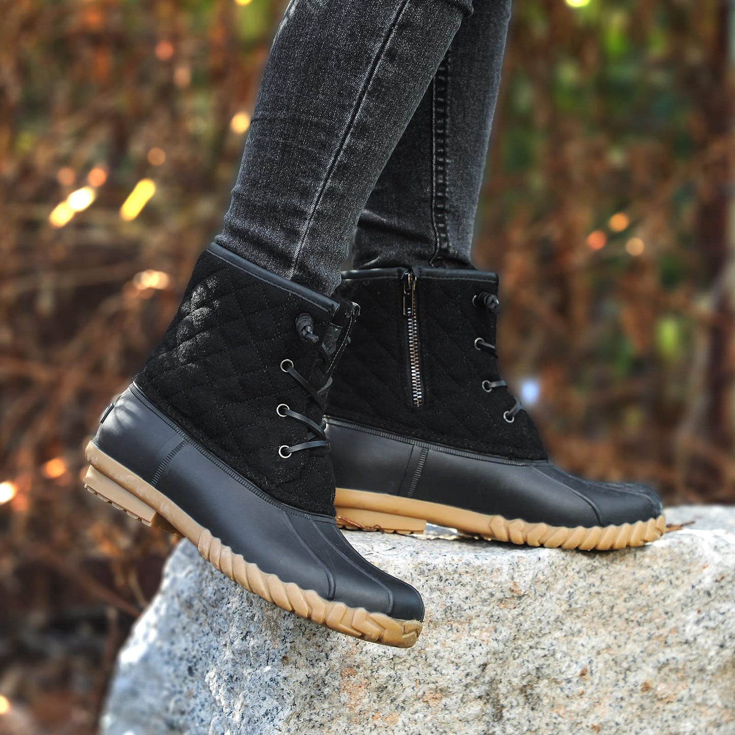 STQ Snow Boots for Women Insulated Short Winter Boots Quilted Duck Booties with Side Zipper ALL BLACK 9 US