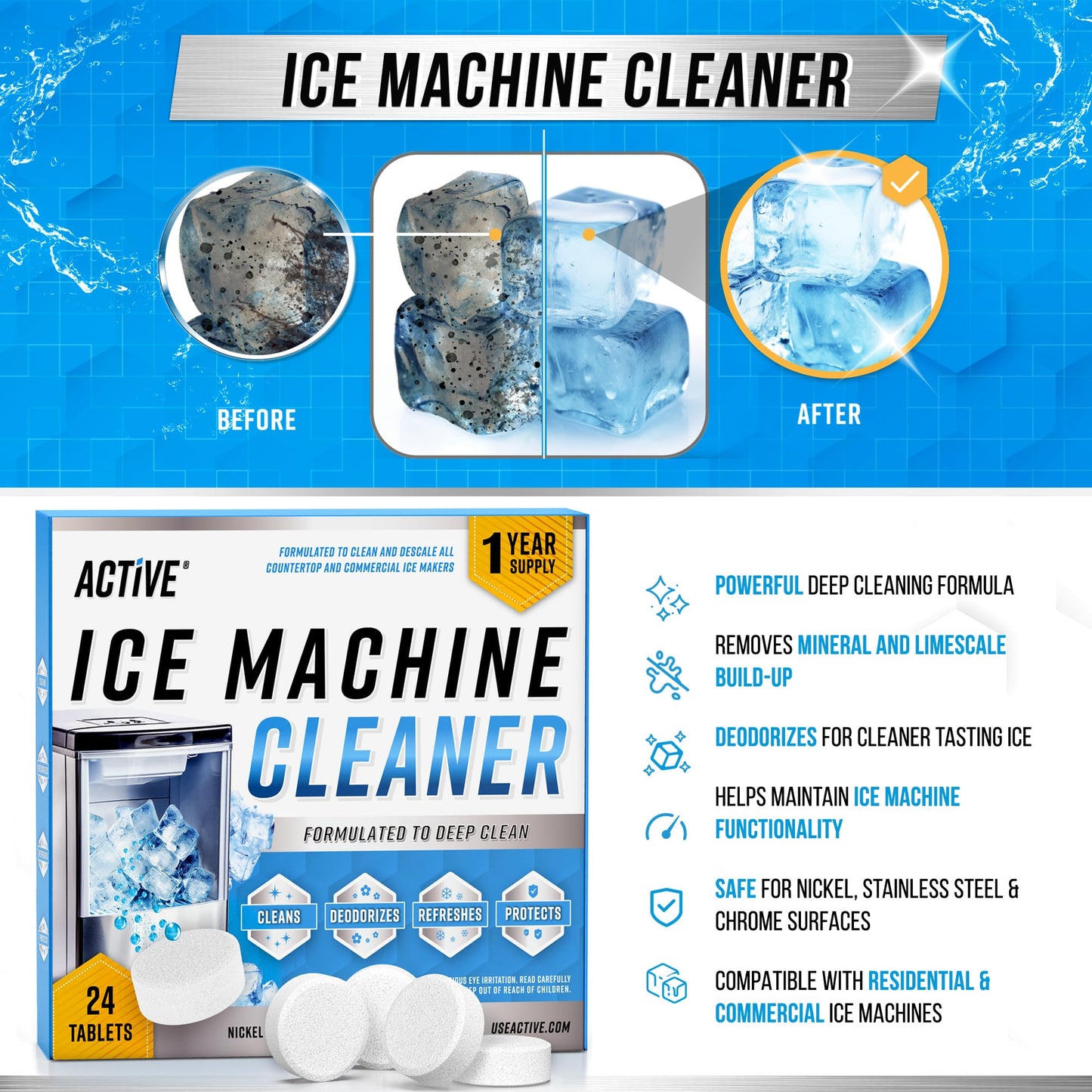ACTIVE Ice Machine Cleaner Maker Descaler - 24 Clean Tablets Compatible with Frigidaire, Opal, GE Profile, Kitchenaid, Nickel Safe Scale Remover for Countertop, Nugget Ice Makers - Bulk 1 Year Supply