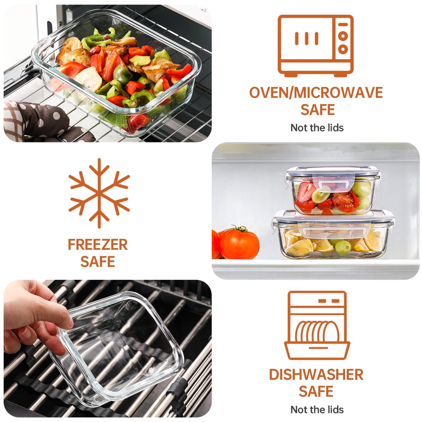 HOMBERKING 8 Pack Glass Food Storage Containers with Lids, Meal Prep Containers, Airtight Bento Boxes with Leak Proof Locking for Microwave, Oven, Freezer and Dishwasher, BPA Free, 5-35oz