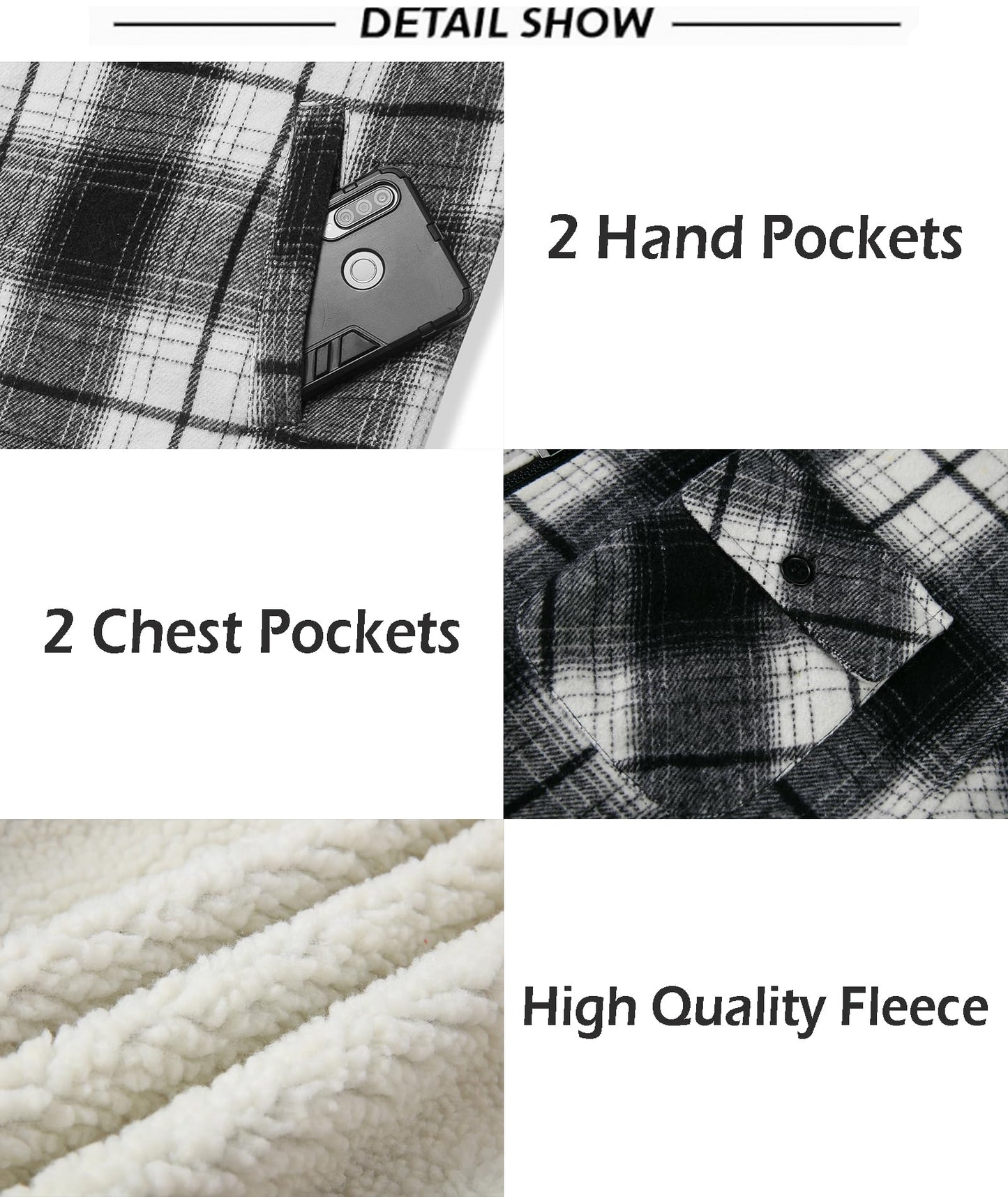 SCODI Men's Flannel Shirt Jacket Fleece Sherpa Lined Plaid Jackets Coat Full Zip Up Hoodie Winter Outwear Black Medium