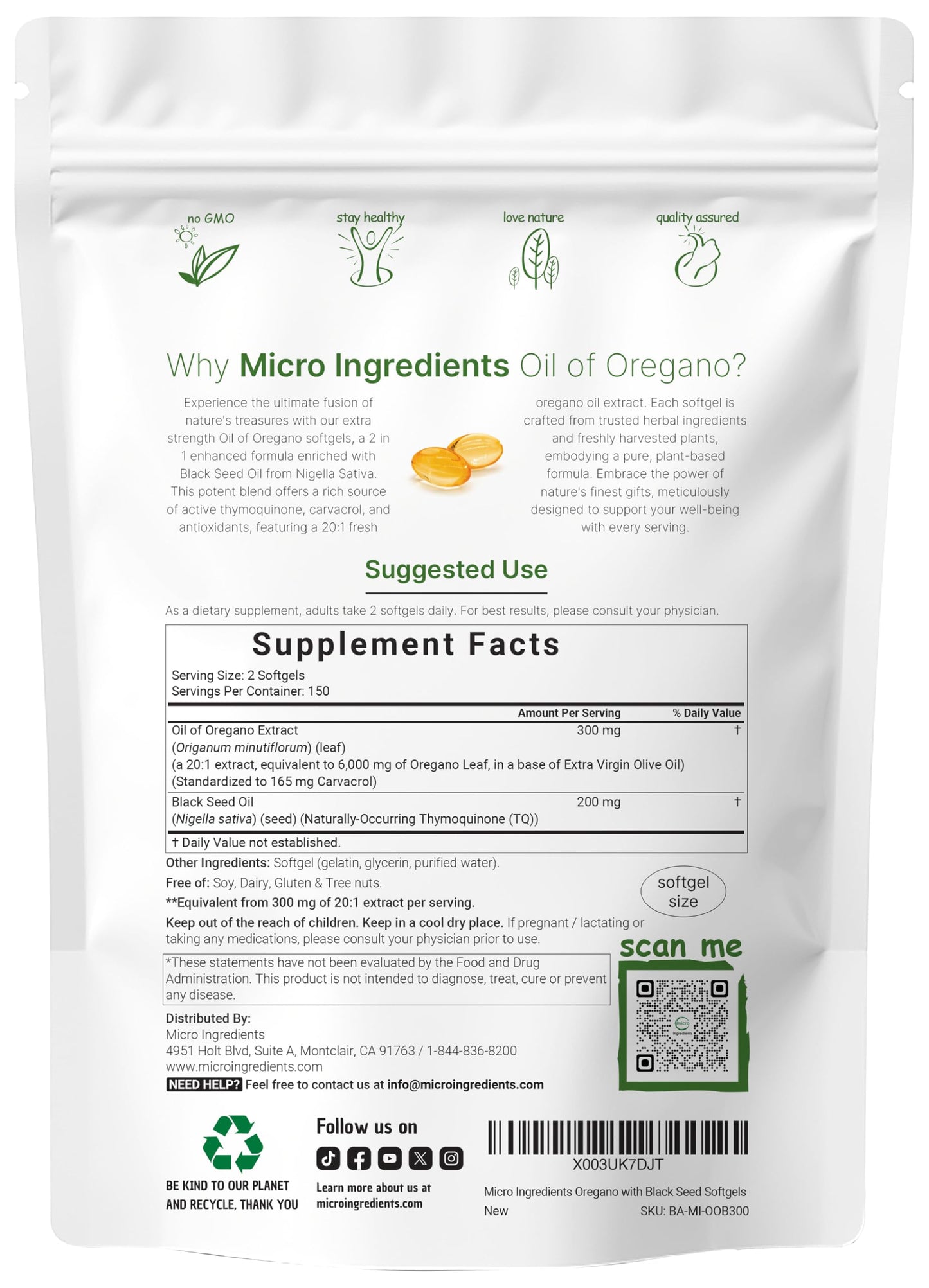 Micro Ingredients Oil of Oregano, 300 Softgel | Oregano Oil with Black Seed Oil, 4X Strength Carvacrol & Thymoquinone | Plant Based, Non-GMO | Antioxidant & Immune Support