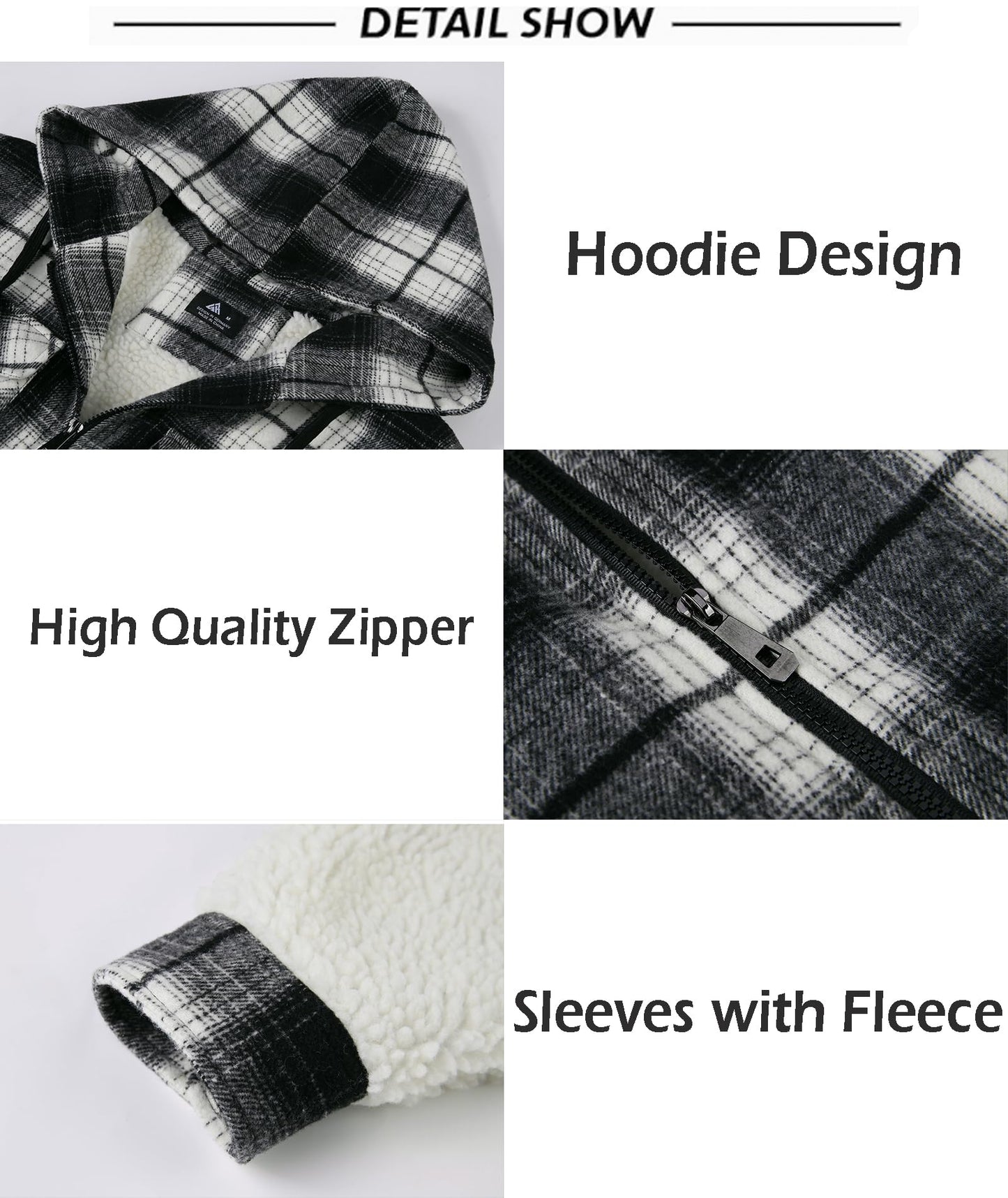 SCODI Men's Flannel Shirt Jacket Fleece Sherpa Lined Plaid Jackets Coat Full Zip Up Hoodie Winter Outwear Black Medium