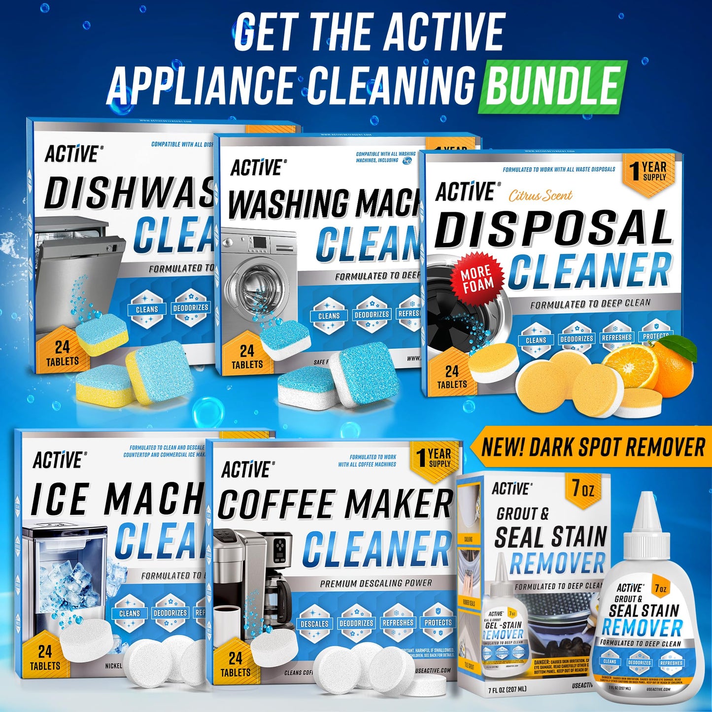 ACTIVE Ice Machine Cleaner Maker Descaler - 24 Clean Tablets Compatible with Frigidaire, Opal, GE Profile, Kitchenaid, Nickel Safe Scale Remover for Countertop, Nugget Ice Makers - Bulk 1 Year Supply