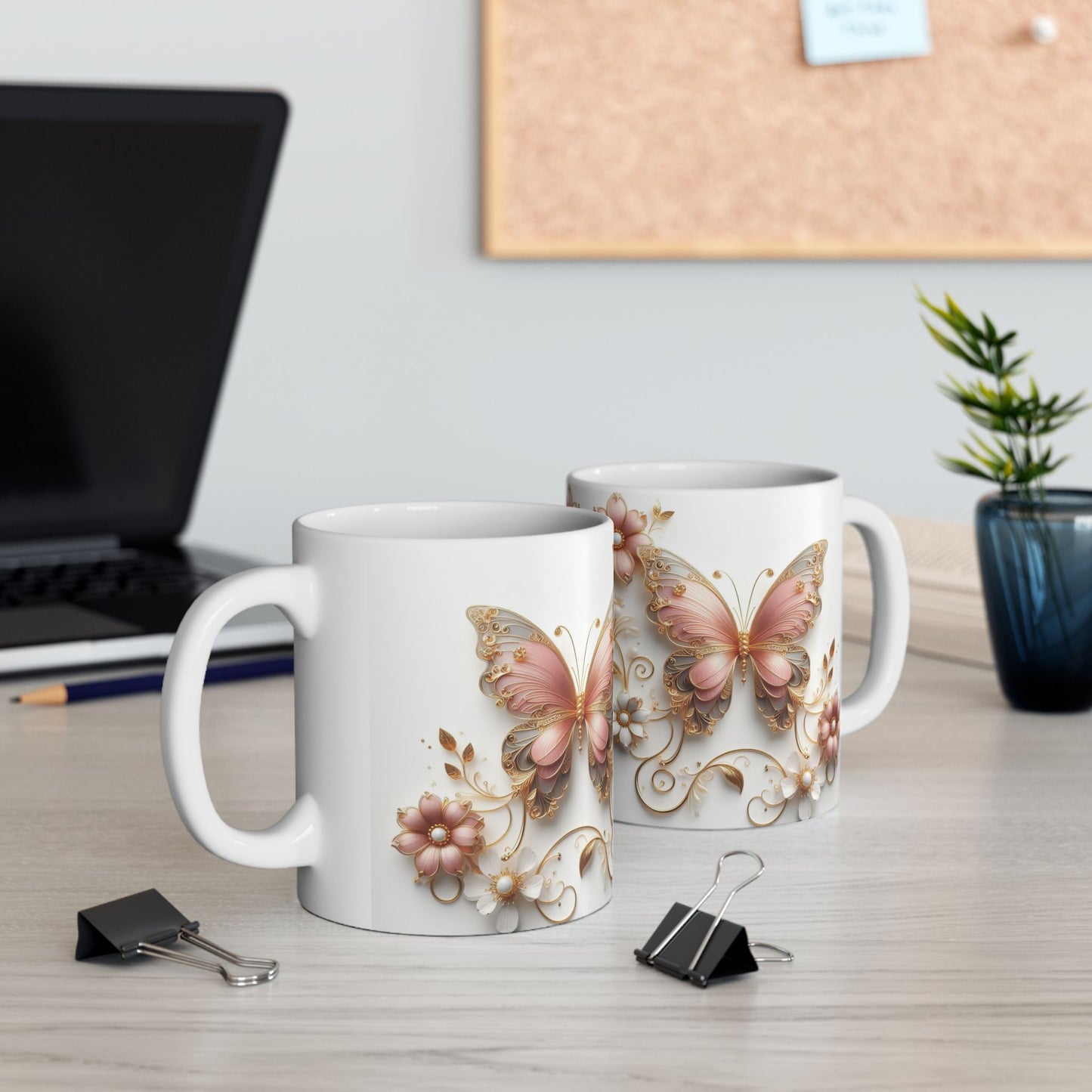 Pink Gold Butterfly Floral Ceramic Mug, 11oz