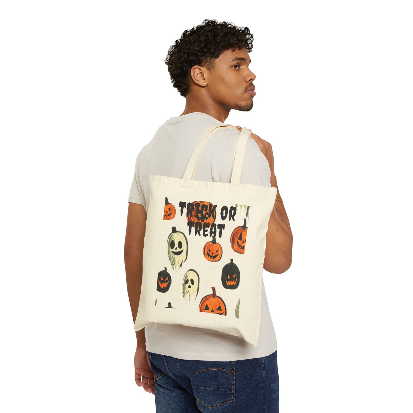 Halloween Ghosts and Pumpkins Trick or Treat Cotton Canvas Tote Bag