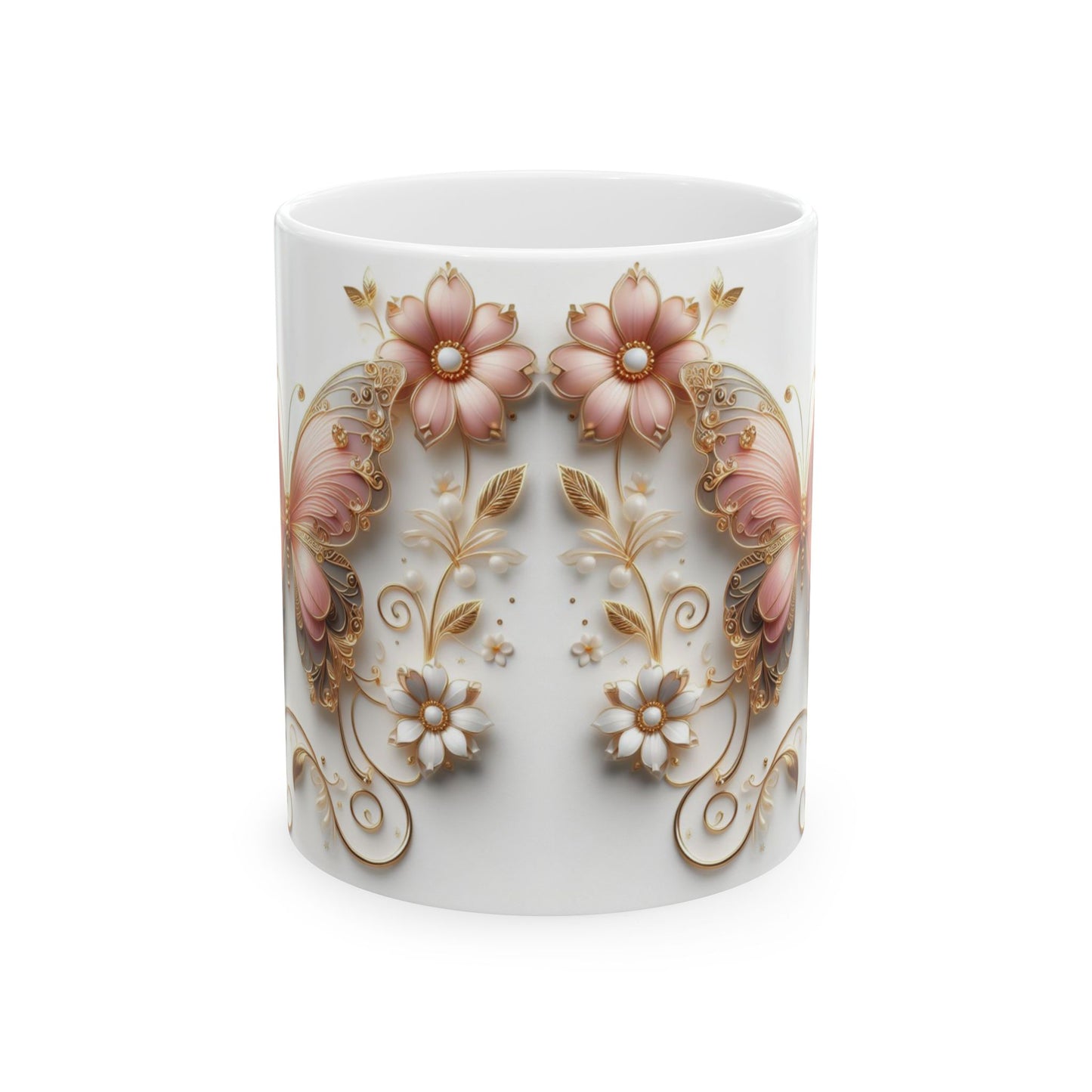 Pink Gold Butterfly Floral Ceramic Mug, 11oz