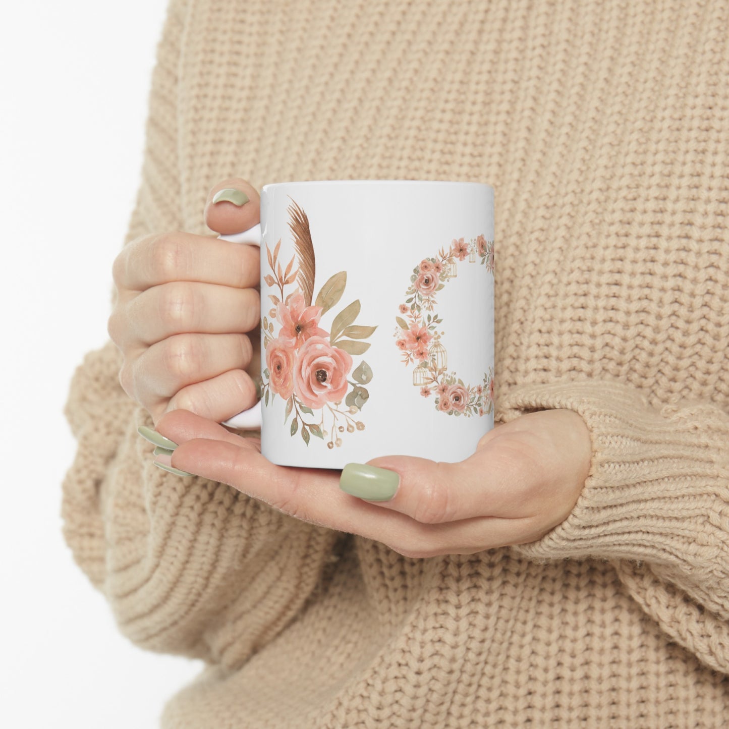 Pink Gold Floral Ceramic Mug, 11oz