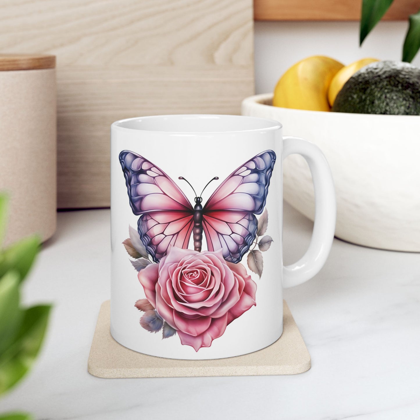 Pink Butterfly Rose Ceramic Mug, (11oz, 15oz)