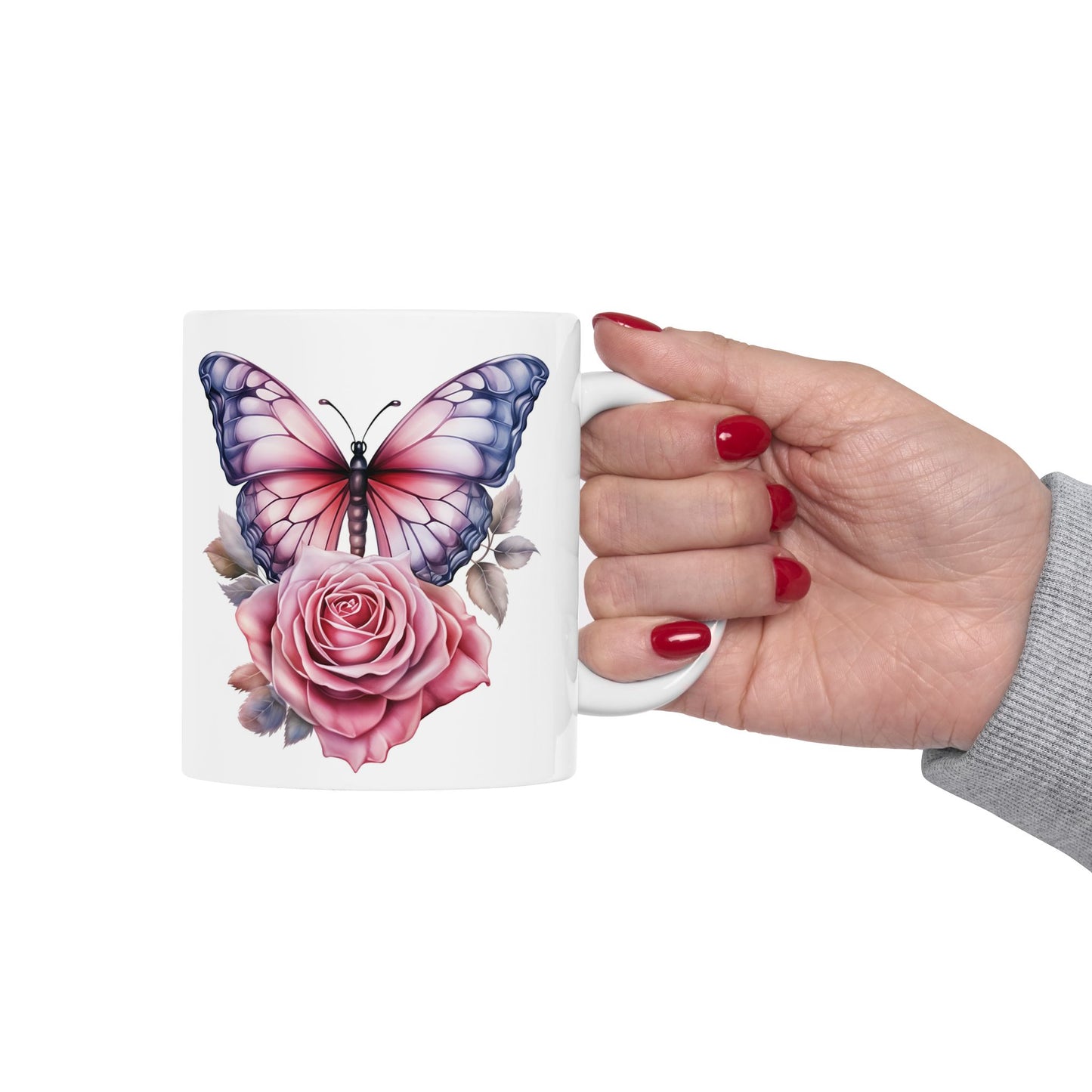 Pink Butterfly Rose Ceramic Mug, (11oz, 15oz)