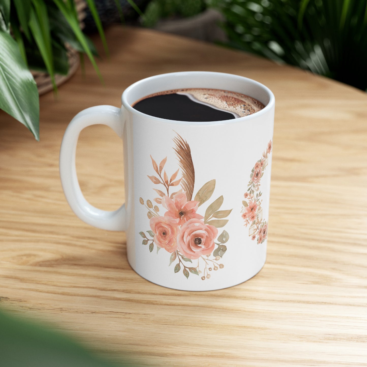 Pink Gold Floral Ceramic Mug, 11oz