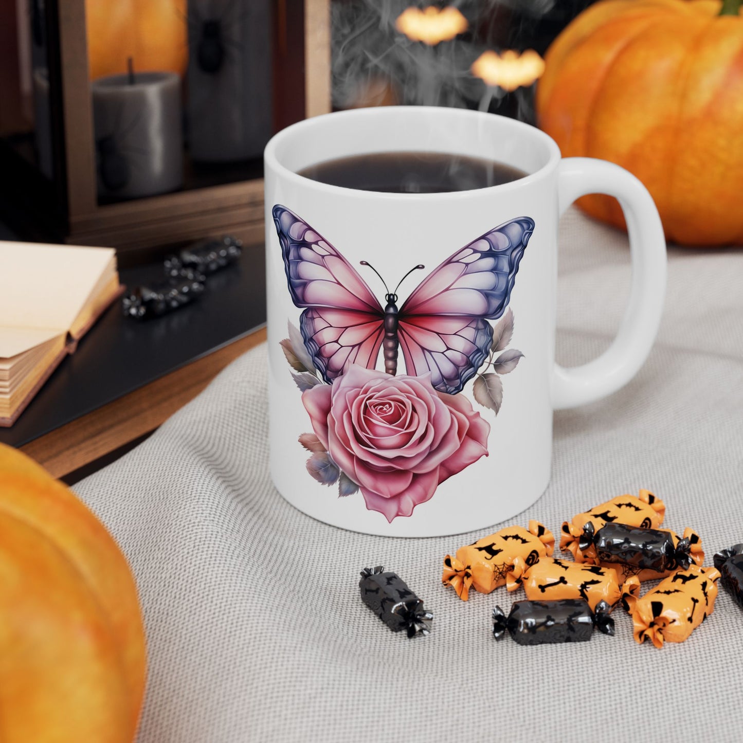 Pink Butterfly Rose Ceramic Mug, (11oz, 15oz)