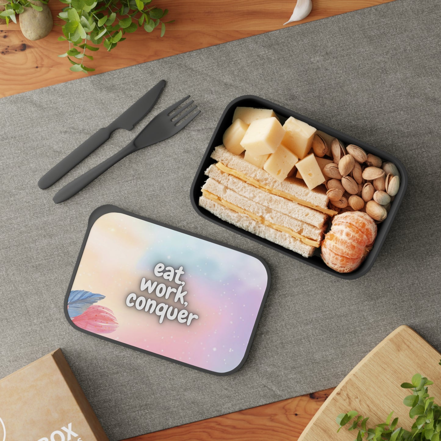 Eat, Work, Conquer PLA Bento Box with Band and Utensils