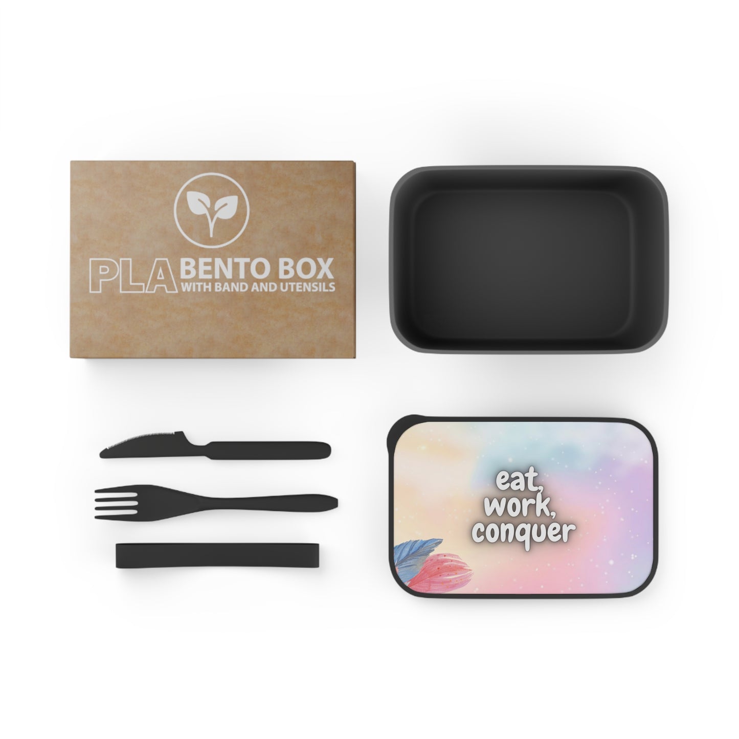 Eat, Work, Conquer PLA Bento Box with Band and Utensils