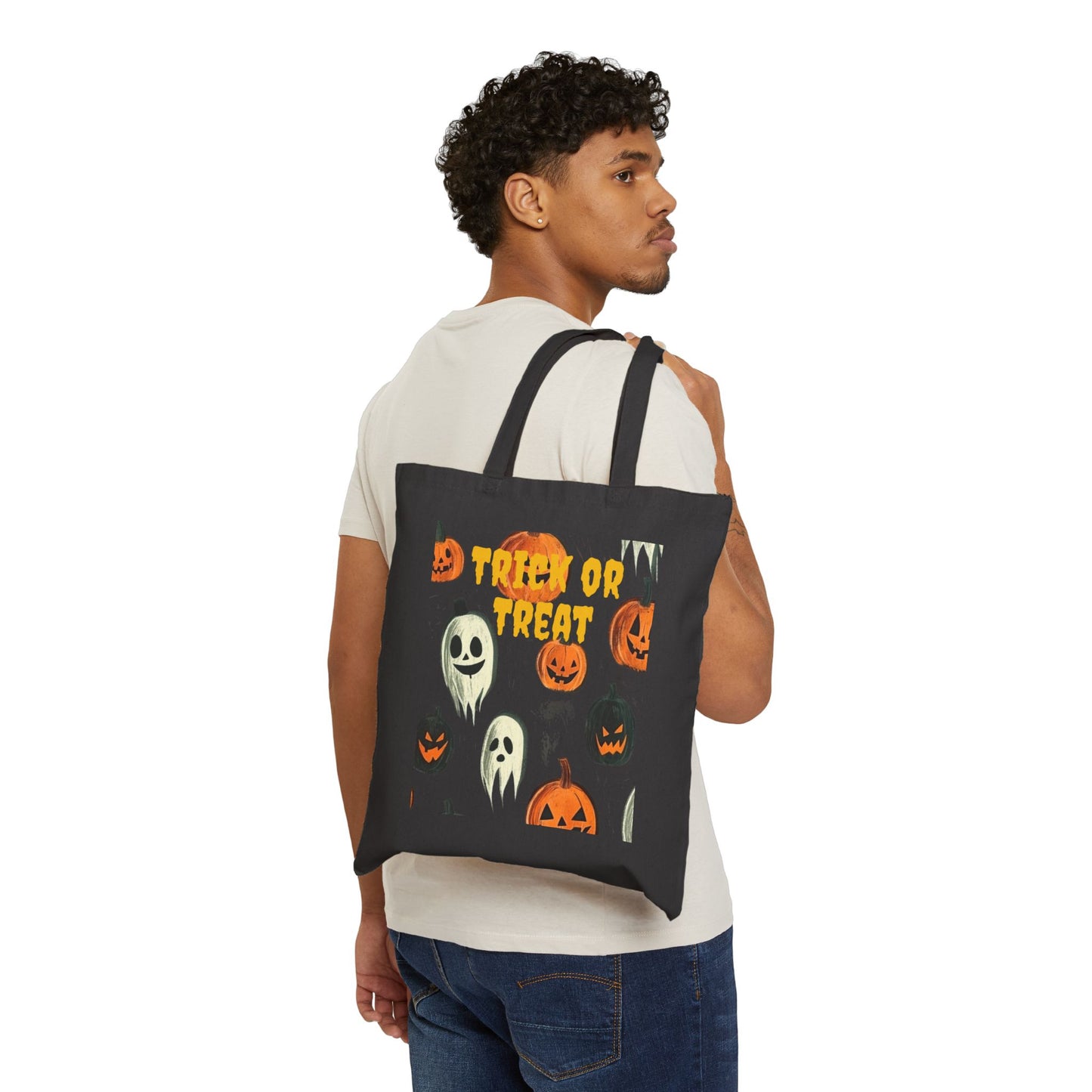 Halloween Ghosts and Pumpkins Trick or Treat Cotton Canvas Tote Bag