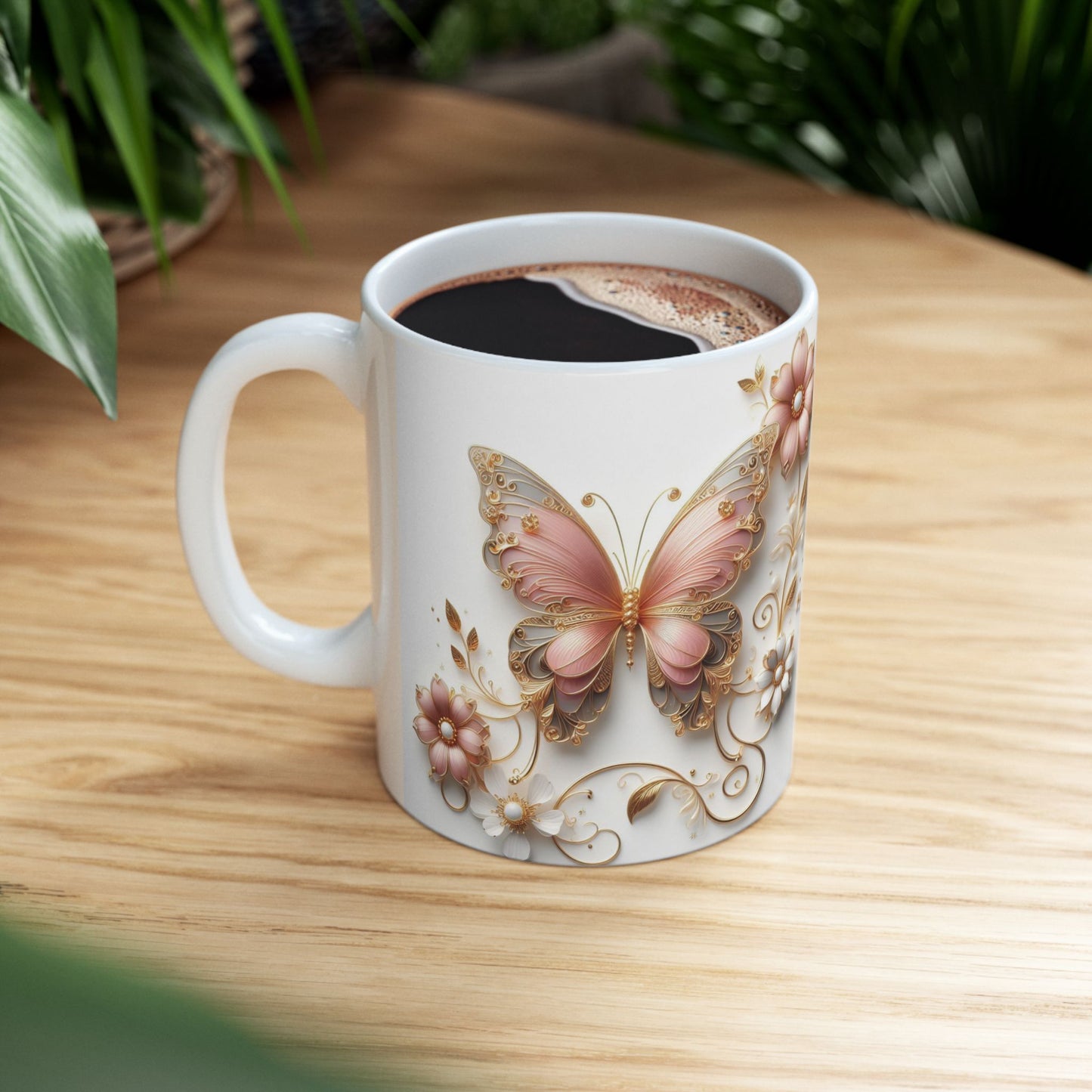 Pink Gold Butterfly Floral Ceramic Mug, 11oz