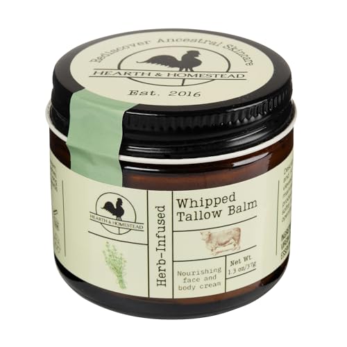 Hearth and Homestead: Handmade Whipped Tallow Balm (Unscented/Herb-Infused) - Organic Body Butter with Infused Olive Oil, for Eczema, Rosacea, Baby - 1.3 oz