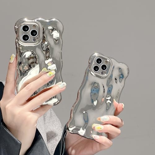 UEEBAI Case for iPhone 15 Pro Max 6.7 inch, Cute Solid Color Curly Wave Shape Shockproof Soft Bumper Phone Case, Candy Water Ripple 3D Silicon Slim Pretty Case Aesthetic Cover, Silver