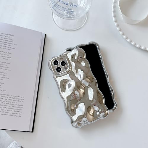 UEEBAI Case for iPhone 15 Pro Max 6.7 inch, Cute Solid Color Curly Wave Shape Shockproof Soft Bumper Phone Case, Candy Water Ripple 3D Silicon Slim Pretty Case Aesthetic Cover, Silver