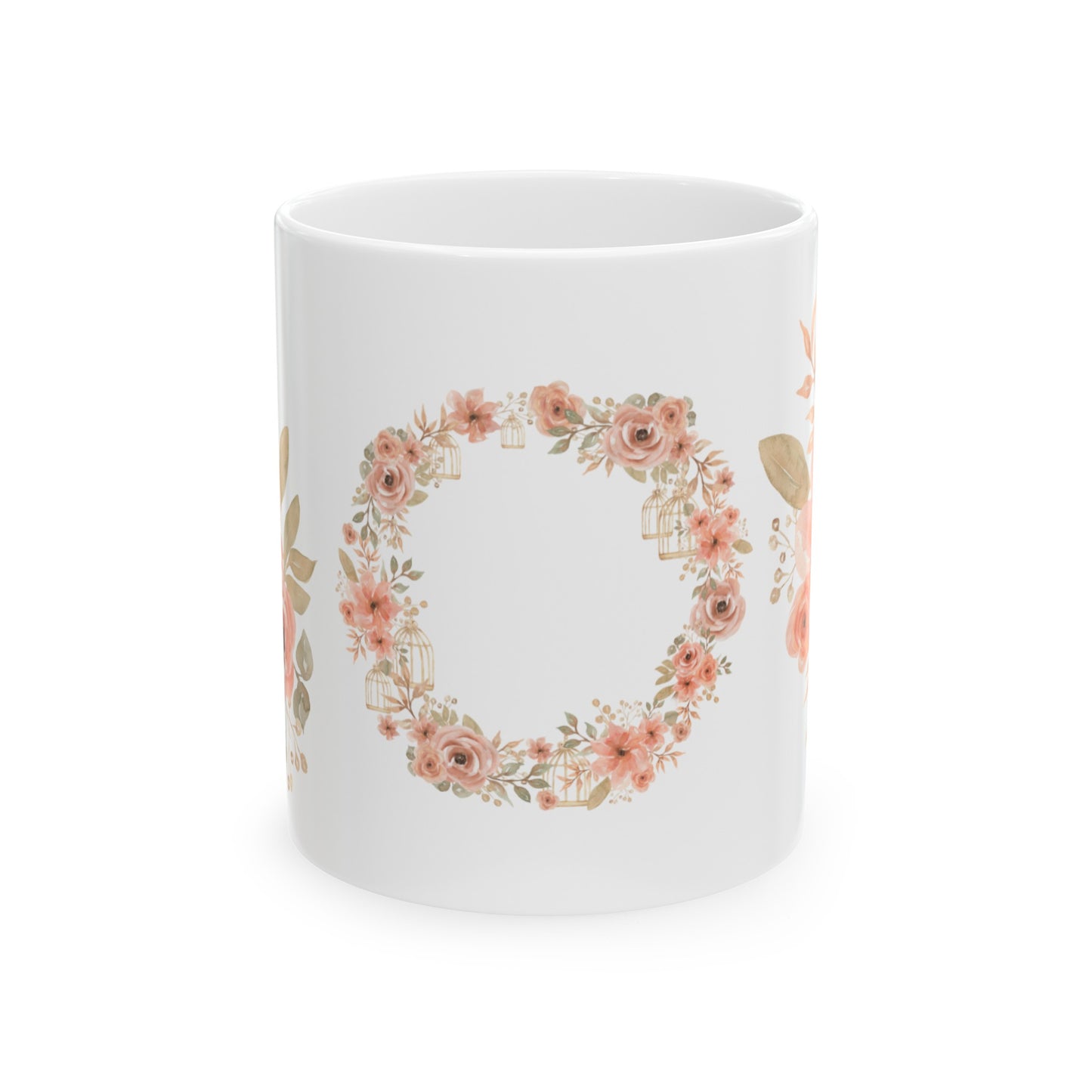 Pink Gold Floral Ceramic Mug, 11oz