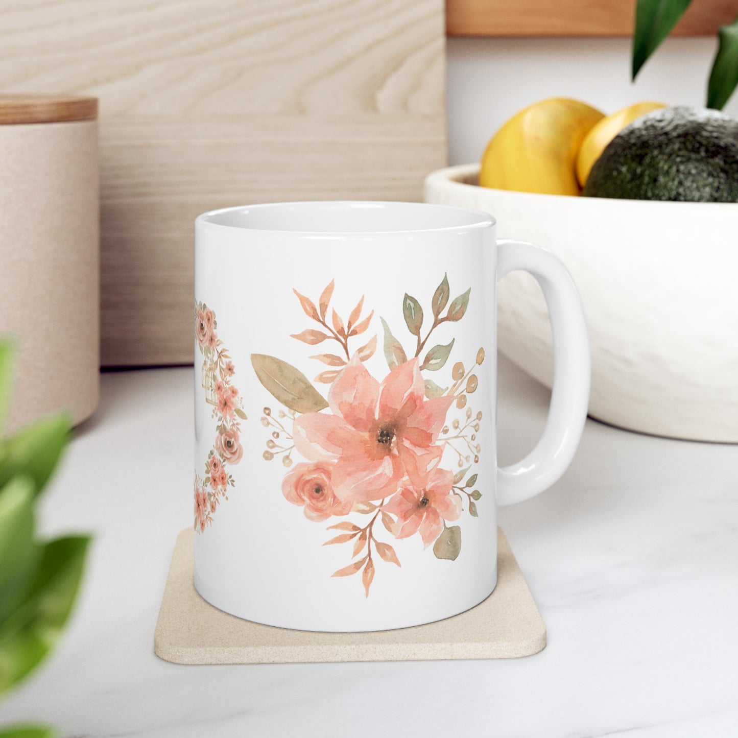 Pink Gold Floral Ceramic Mug, 11oz