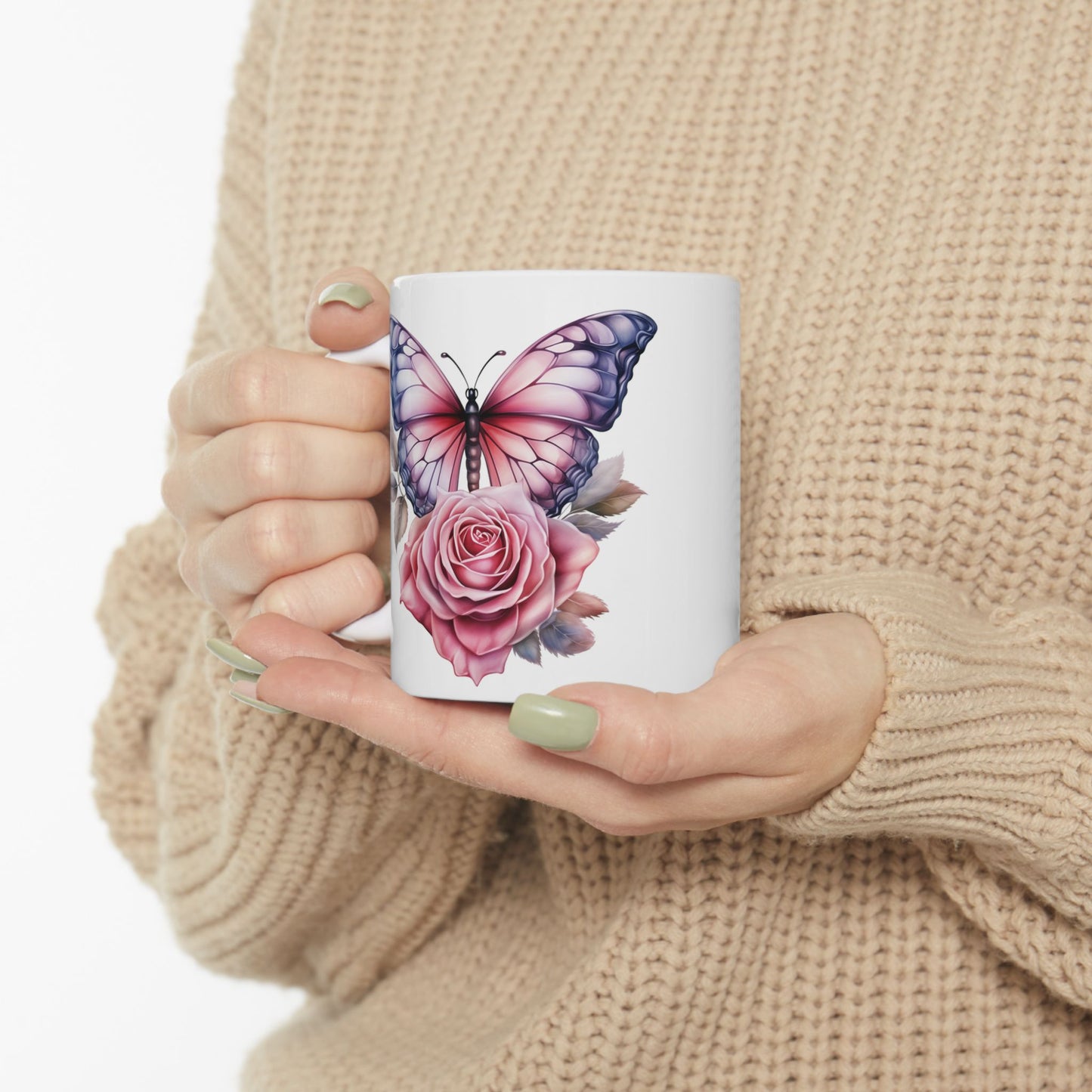 Pink Butterfly Rose Ceramic Mug, (11oz, 15oz)