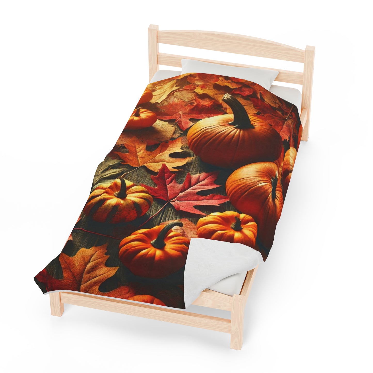 Pumpkin and Leaves Autumn Scene Velveteen Plush Blanket