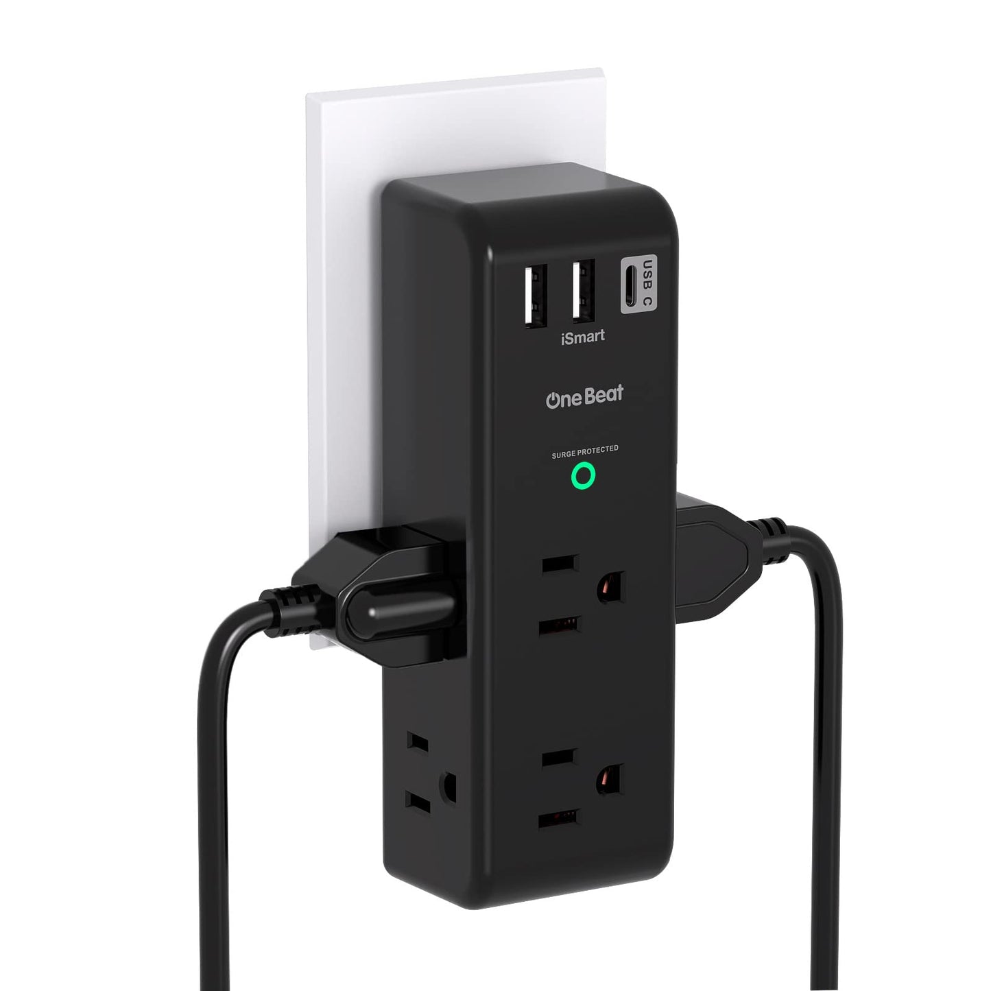 Surge Protector Outlet Extender - with Rotating Plug, 6 AC Multi Plug Outlet with 3 USB Ports (1 USB C), 1800 Joules, 3-Sided Swivel Power Strip with Spaced Outlet Splitter for Dorm, Office, Black