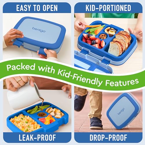 Bentgo Kids Bento-Style 5-Compartment Leak-Proof Lunch Box - Ideal Portion Sizes for Ages 3 to 7 - Durable, Drop-Proof, Dishwasher Safe, BPA-Free, & Made with Food-Safe Materials (Blue)