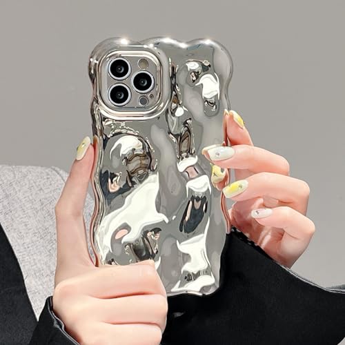 UEEBAI Case for iPhone 15 Pro Max 6.7 inch, Cute Solid Color Curly Wave Shape Shockproof Soft Bumper Phone Case, Candy Water Ripple 3D Silicon Slim Pretty Case Aesthetic Cover, Silver