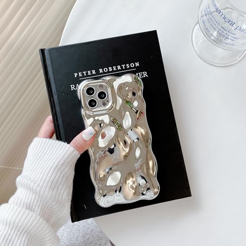 UEEBAI Case for iPhone 15 Pro Max 6.7 inch, Cute Solid Color Curly Wave Shape Shockproof Soft Bumper Phone Case, Candy Water Ripple 3D Silicon Slim Pretty Case Aesthetic Cover, Silver