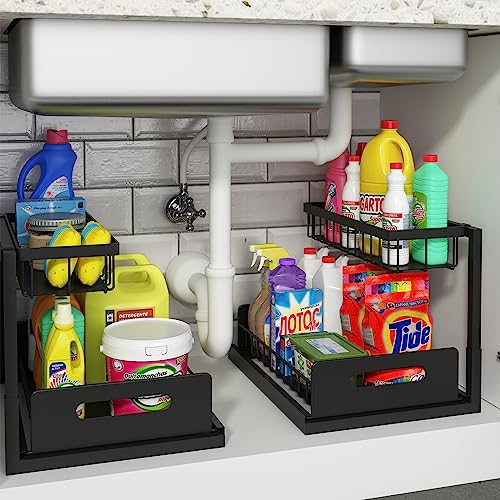 REALINN Under Sink Organizer and Storage, 2 Pack Pull Out Cabinet Organizer Slide Out Sink Shelf Cabinet Storage Shelves, Under Sink Storage for Kitchen Bathroom Cabinet